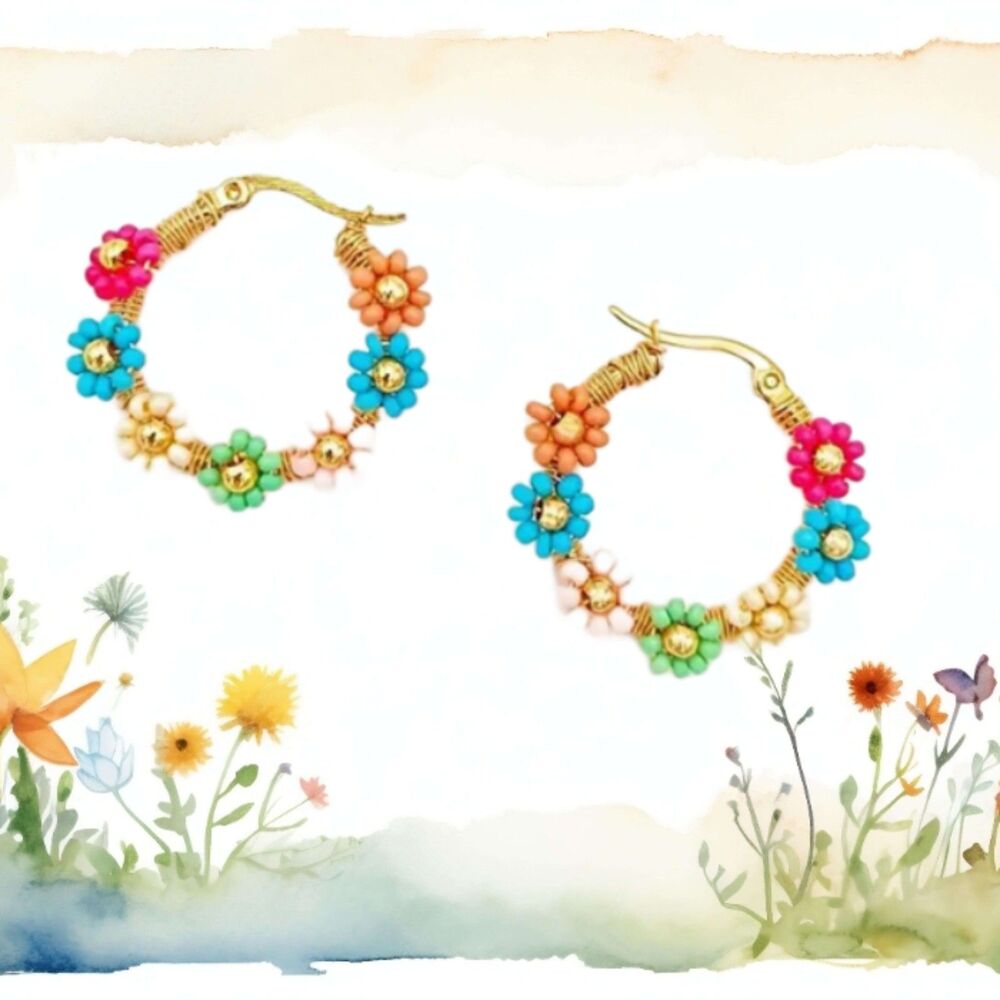Gold HOOP Earrings with Pink Blue Green White Seed Bead flowers